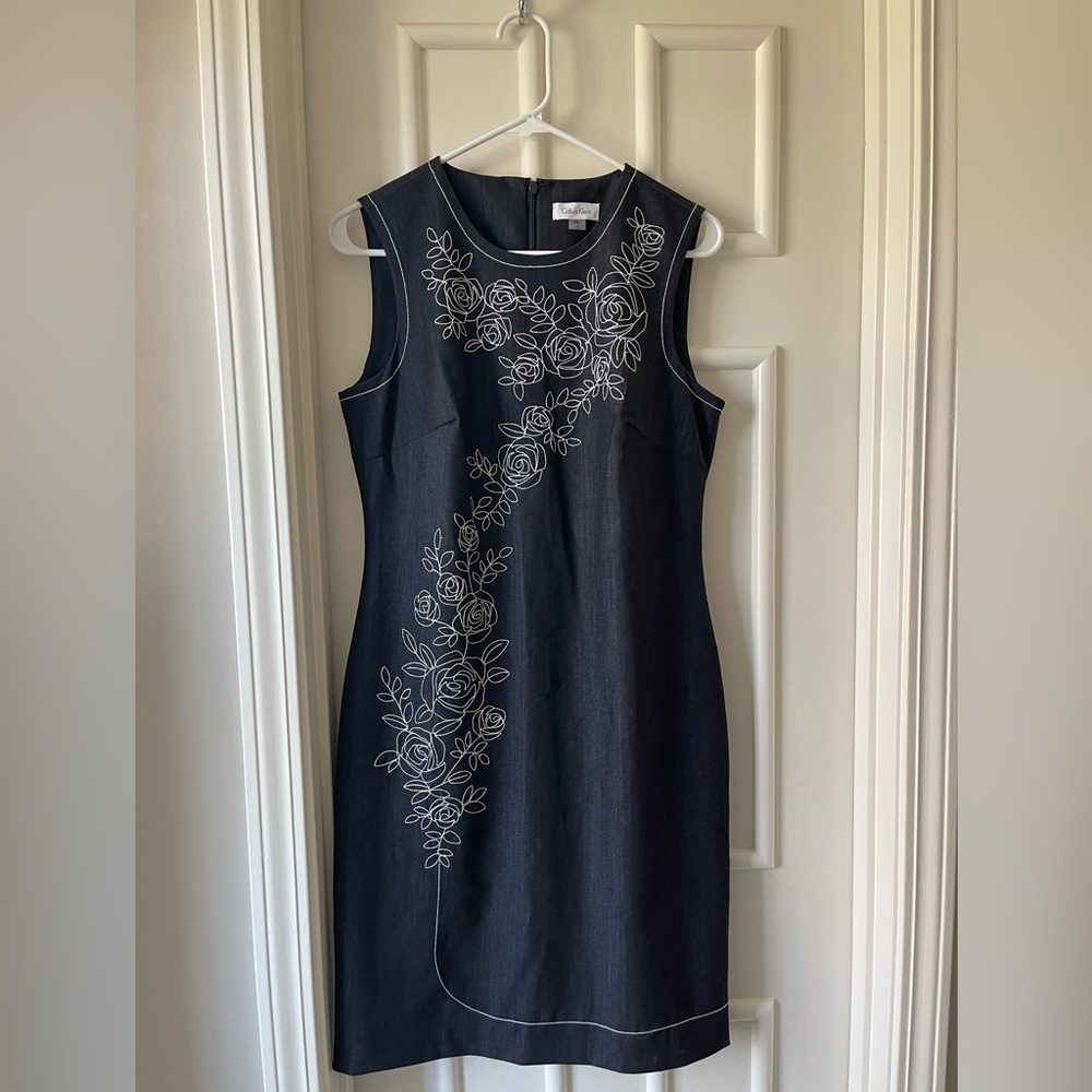 NWOT Calvin Klein Navy/Black Floral Embroidered Dress